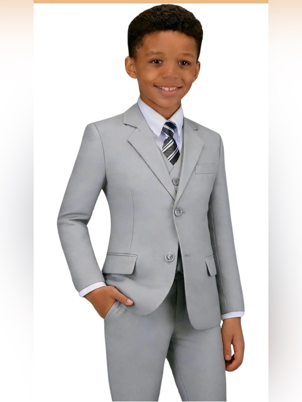 Boys Light Gray 5-Piece Formal Suit Set - Classic Blazer, Vest & Pants